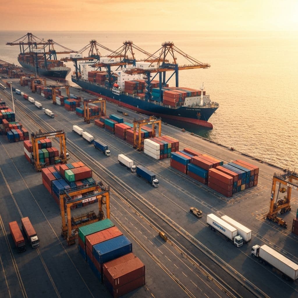 Shipping port with cargo containers